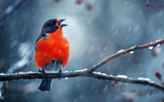 ai generado rojo piñonero en un Nevado rama foto