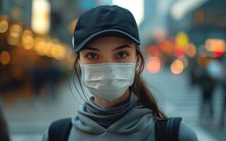 ai generado un mujer expresivo ojos cautivar encima un cara mascarilla, borroso ajetreo de ciudad vida en el antecedentes foto