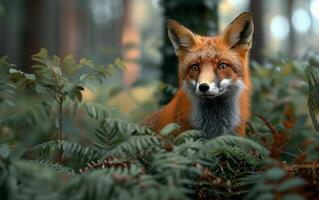 ai generado un vívido rojo zorro emerge en medio de el helechos, sus alerta mirada y lustroso piel foto