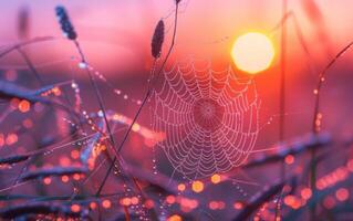 ai generado un delicado araña web, adornado con Mañana Rocío, capturas el primero ligero de amanecer foto