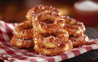 ai generado un pila de dorado marrón pretzels, generosamente rociado con blanco azúcar cristales foto