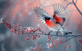 AI generated Bullfinch Bird in Flight at Dusk photo