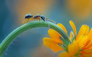 AI generated A macro photography masterpiece showcasing an ant journey along a fuzzy plant stem photo