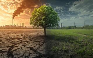 ai generado un soltero lozano verde árbol soportes en el Perímetro de un agrietado, estéril tierra y un vibrante herboso campo foto