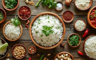 AI generated A bowl of cooked white rice surrounded by an assortment of vibrant spices and herbs photo