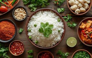 AI generated A bowl of cooked white rice surrounded by an assortment of vibrant spices and herbs photo