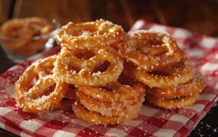 AI generated A pile of golden brown pretzels, generously sprinkled with white sugar crystals photo