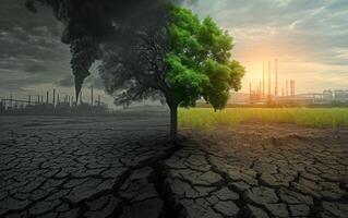 ai generado un soltero lozano verde árbol soportes en el Perímetro de un agrietado, estéril tierra y un vibrante herboso campo foto