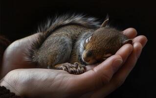 AI generated Newborn Squirrel Nestled in Hands photo