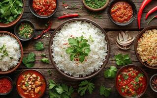 ai generado un cuenco de cocido blanco arroz rodeado por un surtido de vibrante especias y hierbas foto