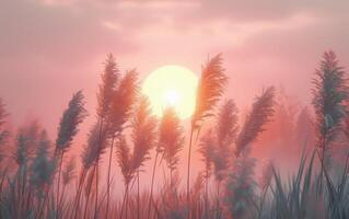 AI generated A serene sunset bathed in pastel hues forms the perfect backdrop for the delicate dance of reeds swaying in a gentle breeze photo