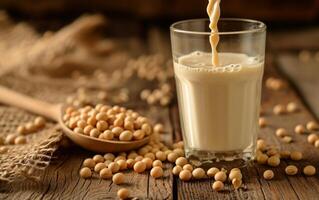 AI generated Fresh soy milk being poured into a clear glass with a spoonful of soybeans photo