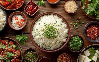 AI generated A bowl of cooked white rice surrounded by an assortment of vibrant spices and herbs photo