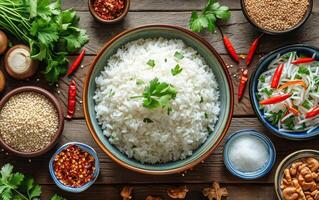 AI generated A bowl of cooked white rice surrounded by an assortment of vibrant spices and herbs photo