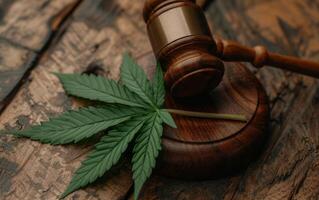 AI generated A symbolic representation of cannabis law with a wooden judge gavel and cannabis leaves photo