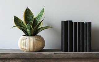 AI generated A potted snake plant adds a touch of greenery to a minimalist shelf arrangement photo