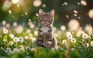 ai generado un cautivador atigrado gato se sienta en medio de un campo de diente de león foto