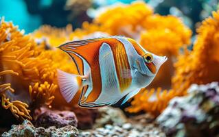 AI generated A vividly striped Copperband butterflyfish swims gracefully near the vibrant corals photo