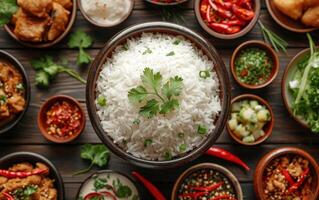 AI generated A bowl of cooked white rice surrounded by an assortment of vibrant spices and herbs photo