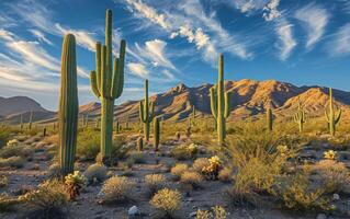 ai generado alto saguaro cactus dominar el Desierto paisaje con un fondo de un montaña rango a puesta de sol foto