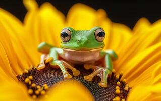 ai generado un verde árbol rana perchas en el rico, marrón centrar de un brillante amarillo girasol foto