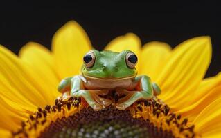 AI generated A green tree frog perches on the rich, brown center of a bright yellow sunflower photo