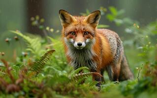 AI generated A vivid red fox emerges amidst the ferns, its alert gaze and lustrous fur photo
