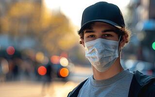 AI generated A young man with a black cap and surgical mask, new normal in a bustling urban setting photo