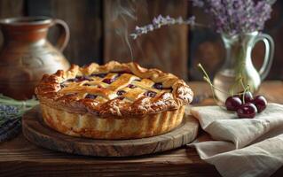 AI generated A freshly baked cherry pie rests on a wooden board, its golden crust and vibrant filling photo