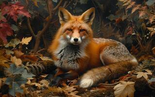 ai generado un adulto zorro se sienta en medio de un lozano bosque, sus sorprendentes naranja piel foto