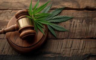 AI generated A symbolic representation of cannabis law with a wooden judge gavel and cannabis leaves photo