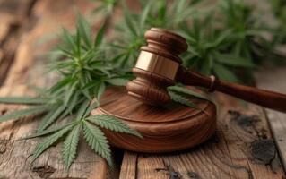 AI generated A symbolic representation of cannabis law with a wooden judge gavel and cannabis leaves photo