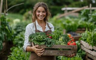 AI generated A smiling woman in a garden, proudly holding a crate of freshly picked vegetables photo