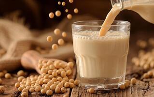 AI generated Fresh soy milk being poured into a clear glass with a spoonful of soybeans photo