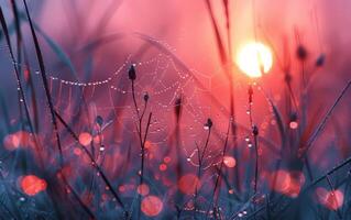 AI generated A delicate spider web, adorned with morning dew, captures the first light of dawn photo