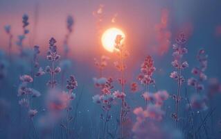 AI generated Silhouetted wildflowers bask in the rosy glow of a setting sun photo