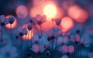 AI generated Silhouetted wildflowers bask in the rosy glow of a setting sun photo