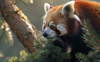 ai generado rojo panda en medio de Mañana ligero foto