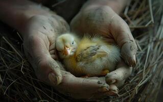 AI generated Tender hands cradle a sleeping chick, symbolizing care and the gentle beginnings of life amidst the earthiness of soil and work photo