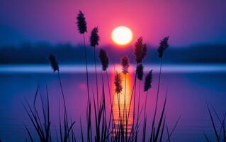 AI generated The fiery orb of the setting sun glows intensely behind silhouetted cattails at the water edge photo