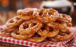 AI generated A pile of golden brown pretzels, generously sprinkled with white sugar crystals photo