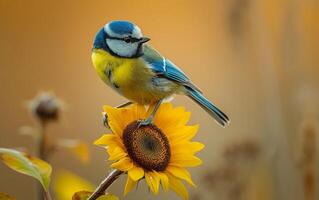 AI generated This artistic image features a blue tit beautifully integrated into a warm, soft focus background with vivid sunflowers photo