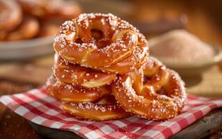 ai generado un pila de dorado marrón pretzels, generosamente rociado con blanco azúcar cristales foto