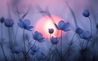 AI generated Silhouetted wildflowers bask in the rosy glow of a setting sun photo