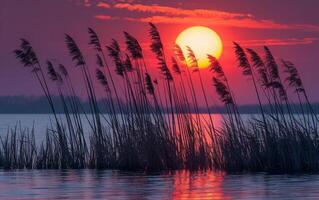 ai generado vibrante puesta de sol matices pintar el cielo y reflejar en tranquilo aguas, con cañas en silueta foto