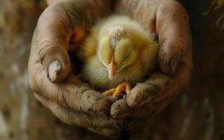 AI generated Tender hands cradle a sleeping chick, symbolizing care and the gentle beginnings of life amidst the earthiness of soil and work photo