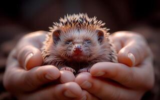 AI generated Newborn Hedgehog in Gentle Hands photo