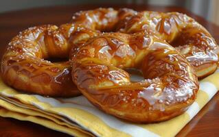 AI generated Close up of caramel drizzle atop golden brown pretzels photo