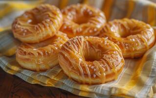 AI generated Close up of caramel drizzle atop golden brown pretzels photo
