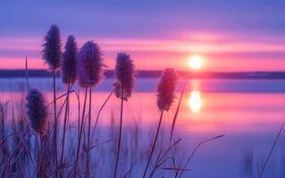 AI generated The fiery orb of the setting sun glows intensely behind silhouetted cattails at the water edge photo